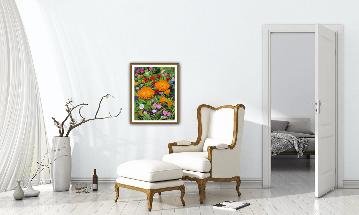 Bed med sommerblomster